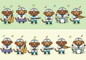 Vector Illustration of Cute Monkey sailors Music Band. Big set of cute Animal cartoon in professions. Monkey Cartoon flat style.