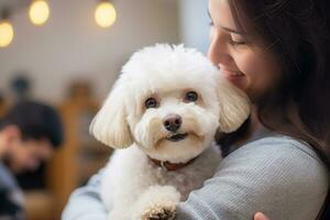 portrait of woman hugging cute bichon frise dog. pet concept photo