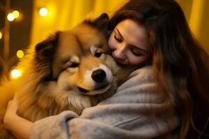 portrait of man and woman hugging cute dog. pet concept photo