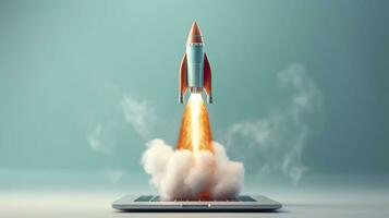 A small rocket takes off from a Laptop with vibrant color combinations in light sky blue and light gray colors for a website, business, and financial success concepts.  AI Generative photo