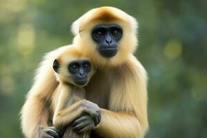 Close image of Cheeked Gibbon monkey mother with a child in the forest. Generative AI photo