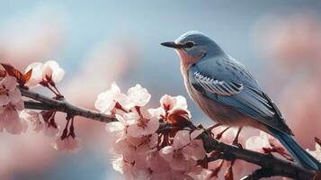 Birds sitting in a tree filled with cherry blossom flowers. Generative AI photo