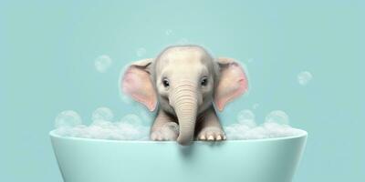 Minimalist Albino Elephant in a Bathtub of Soap Bubbles Against a Cyan Background. AI Generative photo