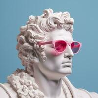 The head of a white mythological statue with fashionable pink glasses on his eyes, frame in profile. AI Generative photo