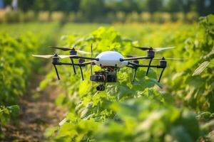 Drone monitoring crops and smart agriculture in a digital farming.  AI Generative photo