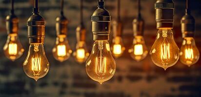 Decorative antique edison style light bulbs against brick wall background. vintage lamp decorative. AI Generative photo