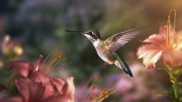 Hummingbird flying to pick up nectar from a beautiful flower. Digital artwork. AI Generative photo