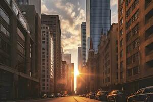 un majestuoso ciudad horizonte durante el dorado hora. ai generativo foto