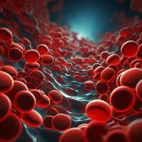 Microsopic of Red blood cells flowing through the blood vessels.medical and science research concept.generative ai photo