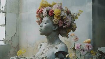 Real flowers cover a sculpture in a concrete building, a sculpture inspired, pastel accent colors, hip hop sculpture, AI Generative photo