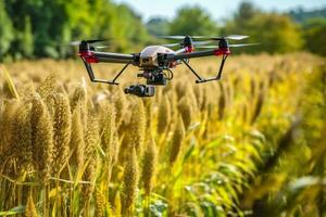 Drone monitoring crops and smart agriculture in a digital farming.  AI Generative photo