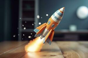 Toy rocket takes off business and finances success concept. AI Generative photo