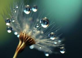 Beautiful dew drops on a dandelion seed macro. Beautiful blue background. Generative AI photo