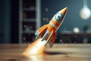 Toy rocket takes off business and finances success concept. AI Generative photo