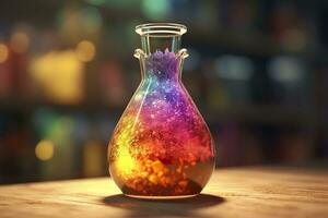 Close Up of a Science Beaker Filled with Multi Colored Liquids. AI Generative photo