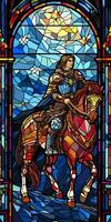 A Knight in Shining Armor. An Illustration of a Mythical Ancient Paladin in Stained Glass Renaissance Fresco Style. AI Generative photo