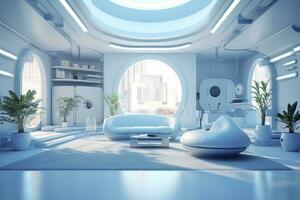 A professional and eye catching light blue with white living room in the metaverse, futuristic, AI Generative photo