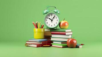 popular Arte ilustración de colegio accesorios con manzanas, libros, y un alarma reloj en el colegio antecedentes. espalda a colegio concepto. 3d representación, ai generativo foto