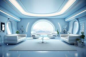 A professional and eye catching light blue with white living room in the metaverse, futuristic, AI Generative photo