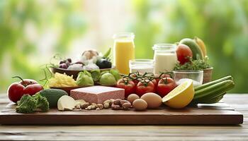 Closeup of vegetables, fruits, and meat on wooden table over green natural background. Generative AI photo