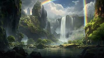 waterfall in the middle of the wonderland landscape. Generative AI photo