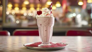 Cherry Milkshake in a Classic American Diner.  food photography concept. Generative AI photo