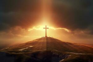 The cross of God in the rays of the sun. Cross on the hill. Religious concept. AI Generative photo