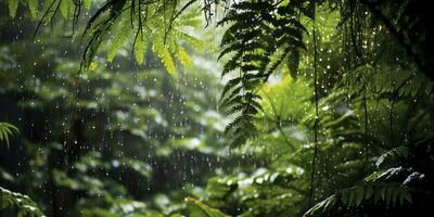 Rain falls in a rainforest with the rain drops. Generative AI photo