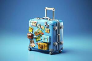 Blue suitcase full of landmarks and travel accessories on blue background. Generative AI photo