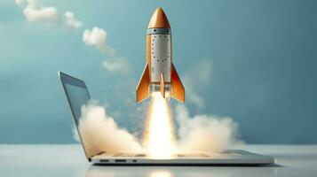 A small rocket takes off from a Laptop with vibrant color combinations in light sky blue and light gray colors for a website, business, and financial success concepts.  AI Generative photo