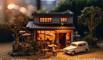 A charming and cozy coffee shop Set beside a busy highway with Warm and golden sunset light, and a Picturesque sunset view with vibrant colors. AI Generative photo