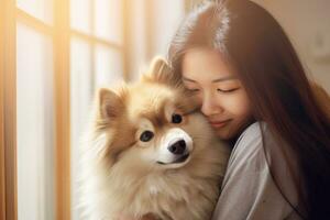 retrato de hombre y mujer abrazando linda pomellenio perro. mascota concepto foto