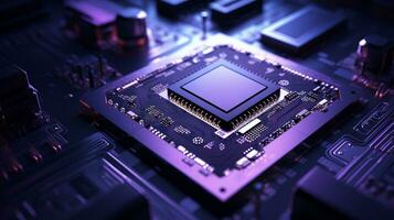 Closed up of CPU on the circuit board with purple lighting. Technology, innovation and future concept.AI generated, Generative AI photo
