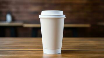 Closed up of white paper coffee cups on wooden table in blur cafe background.coffee cup mockup.generative ai photo