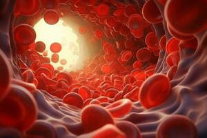 Microsopic of Red blood cells flowing through the blood vessels.medical and science research concept.generative ai photo