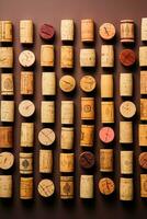 A collection of vintage wine corks displayed neatly isolated on a gradient background photo