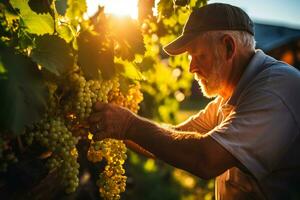 Man pruning grapevines in sunlit vineyard preserving plant health and optimizing yield photo