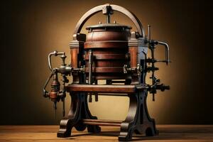 An antique wine press in use isolated on a gradient background photo