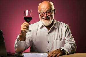 A professional oenologist conducting wine quality test isolated on a gradient background photo