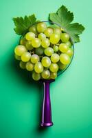 A magnifying glass inspecting the quality of a bunch of grapes isolated on a gradient background photo