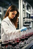 Chemist conducting pH level tests on wine samples in a high tech laboratory photo