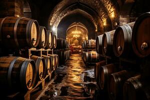 Oak barrels housing aging wine in cool dimly lit cellar of a traditional winery photo