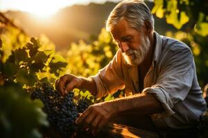 Man pruning grapevines in sunlit vineyard preserving plant health and optimizing yield photo