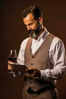 A professional oenologist conducting wine quality test isolated on a gradient background photo