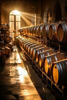 Sunlit winery showcasing rows of wine filled barrels in the aging process photo