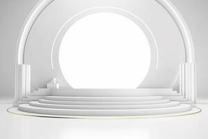 3D stage podium with minimal geometric shape.White color tone.3D render for product showcase,promotion and cosmetic product.AI Generated photo