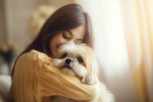 portrait of man and woman hugging cute shih tzu dog. pet concept photo