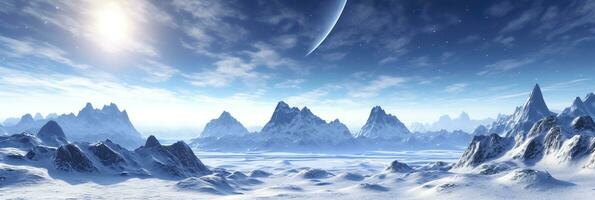 vasto desolado nieve tierra, grande montañas en el fondo, nevada con ligero azul cielo y ligero azul colores, pacífico atmósfera, ai generativo foto