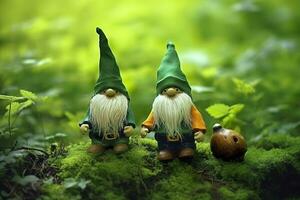 Toy Irish gnomes in a mystery forest, abstract green natural background. Generative AI photo