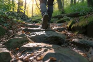 Close up a person's feet walking on rocks, Walking on a trail in the woods, Travel Concept. AI Generative photo